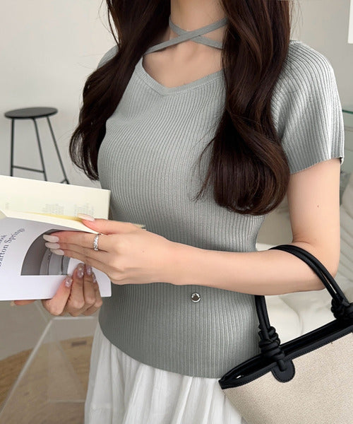 【mily bilet】お洒落この夏さらっと着れる♪チョーカーリボン紐付きサマーニットトップス(半袖) mi1029110