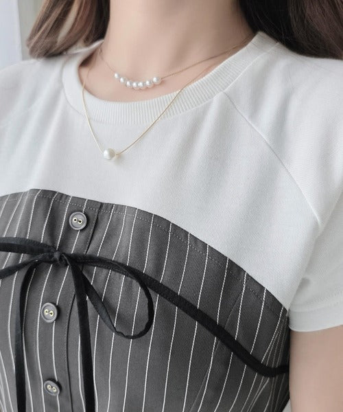 【mily bilet】こなれ感抜群の最旬レイヤード。Tシャツレイヤード風 ストライプドッキング フレアワンピース (ロング丈) mi1019129