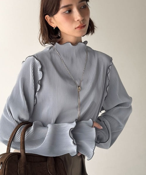 袖のニュアンスで魅せる♪前後2way袖フリル配色メロウプリーツトップス（長袖） ce1330050