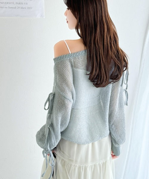 【mily bilet】大人のきらめき。プレートデザイン透かし編み袖リボンラメニット(ワンオフショル2way) mi1259009