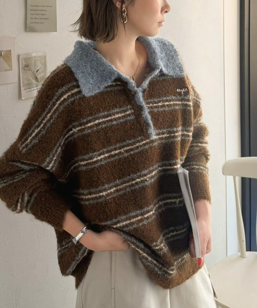メンズライクに女子っぽさを。胸刺繍ブークレ配色ボーダーニットポロ（長袖） ce1240142