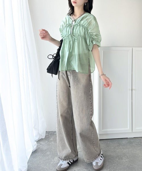 高級感漂う春夏の必需品！前後2WAYギャザーリボンシアーブラウス（半袖） ce1110097