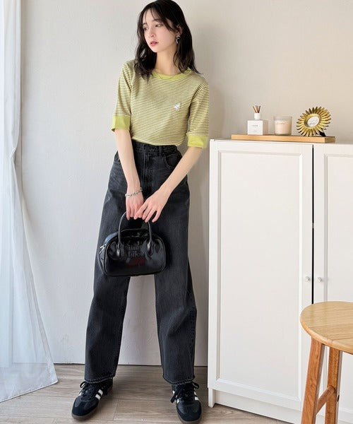 大人可愛いの新定番。袖リンガーボートネック胸刺繍ボーダーTシャツ（半袖） ce1260419