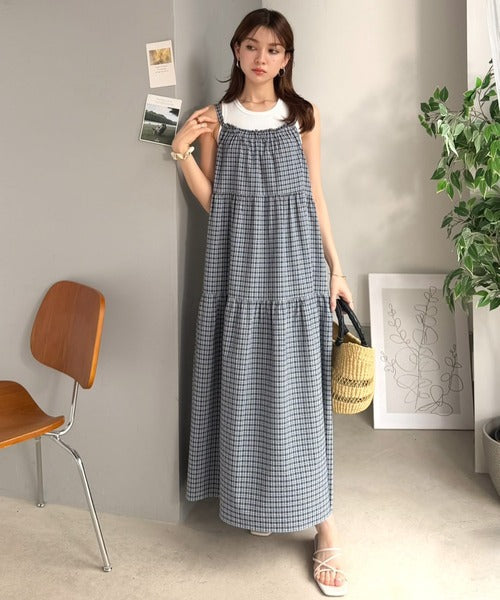 甘さは、さりげなく仕込むくらいがいい。チェックティアードバックリボンキャミロングワンピース ce1070218