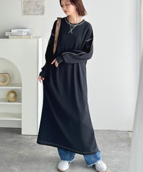 《JaVaジャバコラボ》後姿が可愛い◎配色ステッチワッフルロングワンピース（長袖） jv1260504