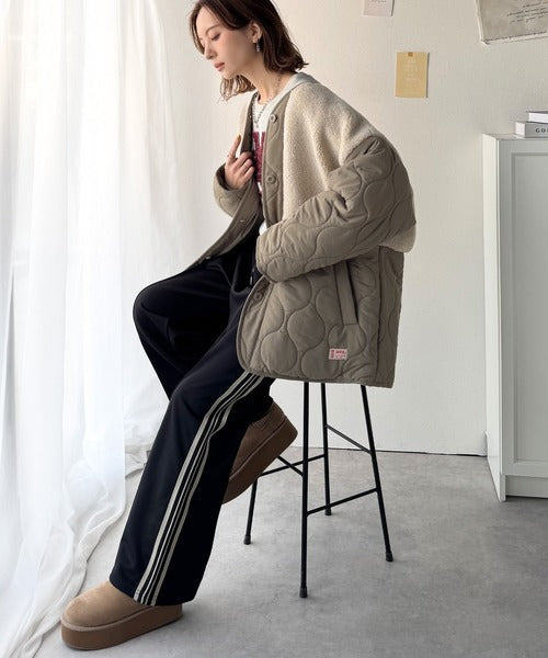 《JaVaジャバコラボ》軽くて暖かい、旬顔ボア切替♪ノーカラーひょうたんキルティングコート jv1240103