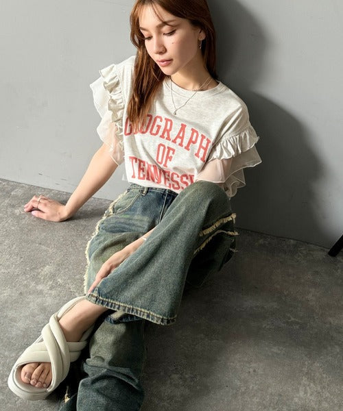 【mily bilet】可愛さふわり2倍増し！ ダブルフリル袖カレッジライクロゴゆるTシャツ mi1329036