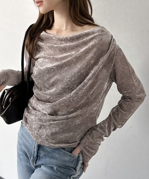 【mily bilet】一歩先のオシャレにアップデート！クラッシュベロアワンオフショルドレーププルオーバー（サムホール付き） mi1269007