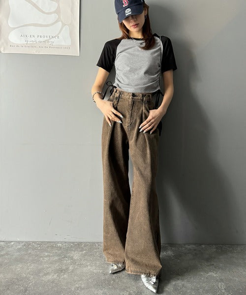 【mily bilet】サイドの絞りが可愛いさプラス。プレート使いラグランTシャツ（半袖） mi1329027