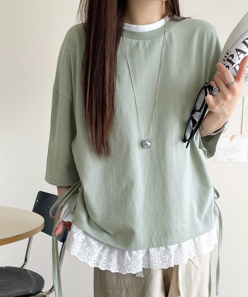 体型カバーも叶う！重ね着風で即こなれ感♪ レイヤード風サイドドロスト裾 綿100％レースビッグTシャツ ce1010463