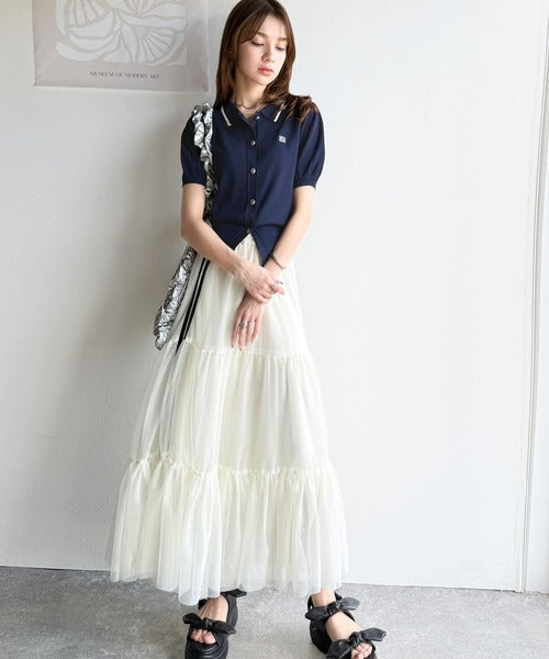 【mily bilet】洗練された大人カジュアル。デザインボタン胸刺繍半袖ニットポロ mi1359015