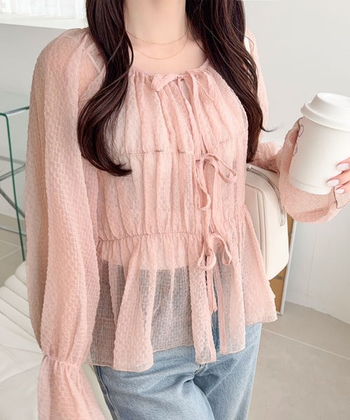 【mily bilet】1枚で2通り。透け感×チェックで、甘さをほどよく。前後2wayシアーチェックブラウス mi1359032