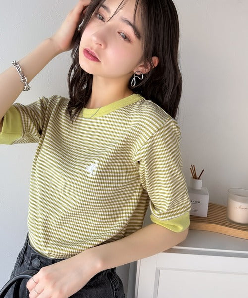 大人可愛いの新定番。袖リンガーボートネック胸刺繍ボーダーTシャツ（半袖） ce1260419