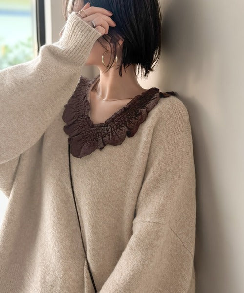 今年の大本命♪カジュアルにも大人っぽくも着こなせる。冬コーデが華やぐ、魅惑のレース襟ドッキングニットプルオーバー（長袖） ce1020368
