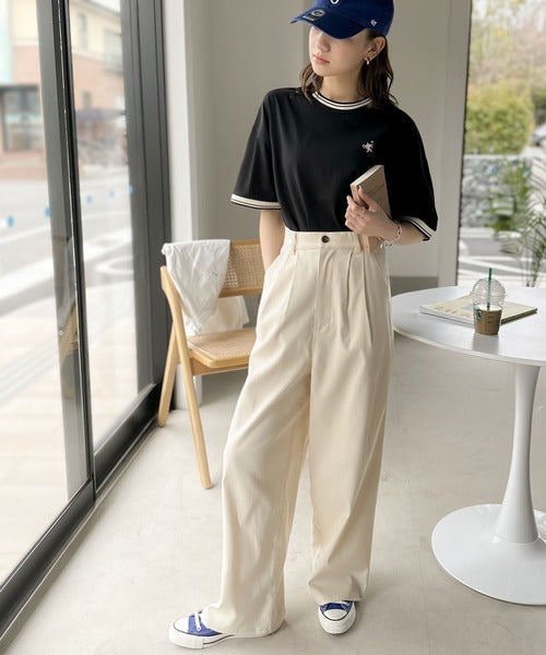 《JaVa ジャバコラボ》大人スポーティー。綿100%シルケット 配色刺繍Tシャツ jv1050074