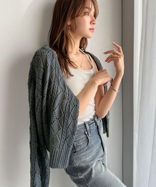 着るたび、雰囲気美人。前後2way格子柄透かし編みショート丈ニットカーディガン（長袖） ce1260448