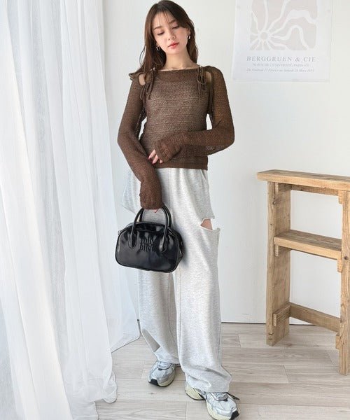 【mily bilet】大人かわいい肌見せを叶える。プレートデザイン前後2WAYメッシュ編み肩リボンニットプルオーバー（長袖） mi1259014