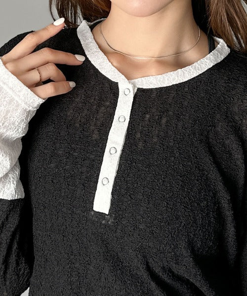 【mily bilet】シンプルさの中にフェミニンさをプラスしたデザイン。袖配色レースヘンリーカットソー（長袖） mi1019107