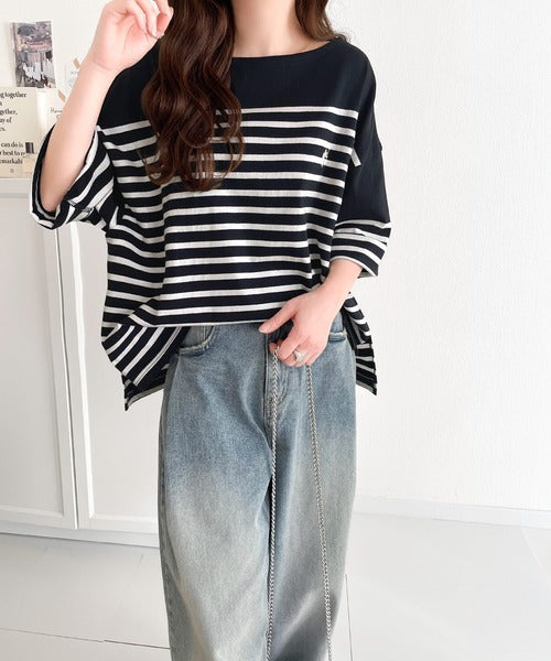 【sustaina+】ラフにキマる大人スタイル。オーガニックコットン100%オーバーサイズパネルボーダーTシャツ(半袖) ce1260324