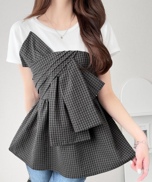 【mily bilet】忙しい朝も悩まない、初夏の一軍トップス。リボンビスチェドッキングTシャツ (半袖) mi1019145