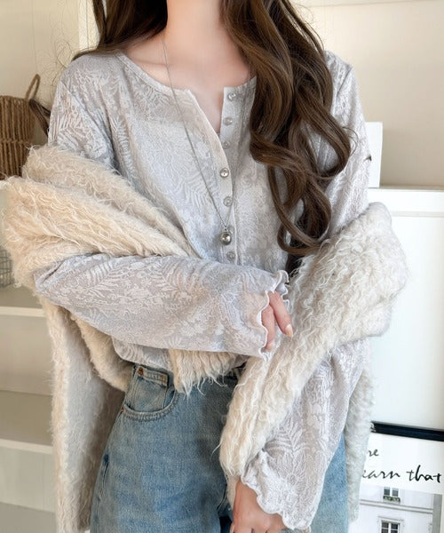 コーデに花を咲かせる♪花柄シアージャガードヘンリーネックフリル使いトップス（長袖） ce1010687