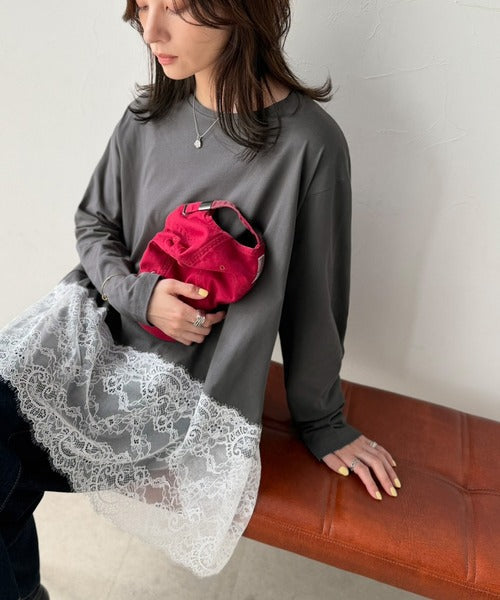 大人のきれいめカジュアル、体型も美しくカバー。裾レースカットソードッキングTシャツ（長袖） ce1020364