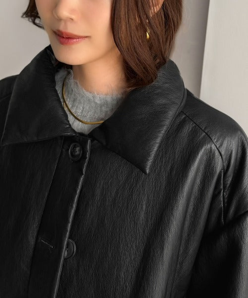 レザーって、こんなに可愛く着られる！大人可愛い丸みシルエット♪フェイクレザー中綿入りステンカラーショートジャケット ce1070253