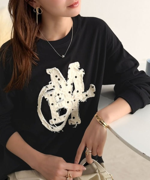 【mily bilet】"秋もこの子と一緒♪"ヴィンテージライクな存在感。ドットデニムフリンジワッペン使いロンT(長袖) mi1329133