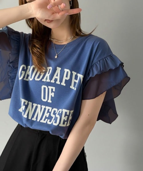 【mily bilet】可愛さふわり2倍増し！ ダブルフリル袖カレッジライクロゴゆるTシャツ mi1329036