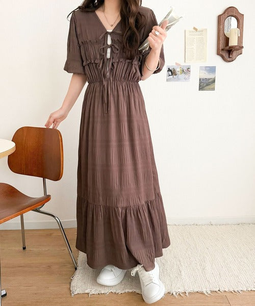【mily bilet】1枚で華やぐ♪揺れ感シアーフリルリボンプリーツロングワンピース mi1019134