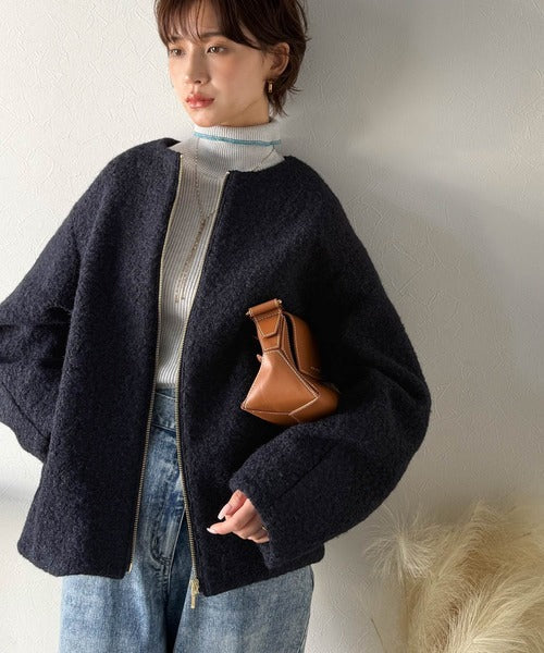 【Classical Evon】上品さと抜け感を兼ね備えた、大人のためのアウター。軽やかブークレノーカラージャケット ev1110138