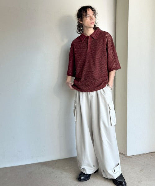 「透け感、モードの余韻。」衿ダブルライン使いレース柄ニットポロシャツ/Lace Detail Knit Polo Shirt co1010010