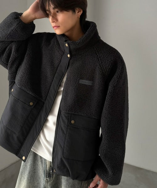 《JaVaジャバコラボ》暖かく包み込む、私のもこもこちゃん♪異素材MIXボア×ナイロン切替スタンドカラージャケット jv1240139