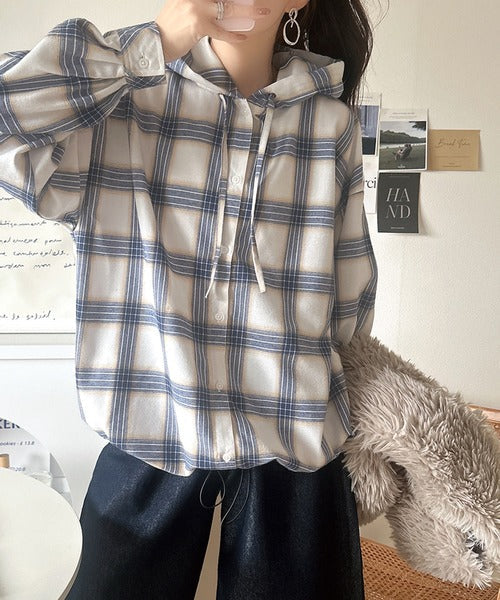 ゆるっと羽織ってかわいくキマる。”旬顔”  裾ドロスト微起毛チェック柄オーバーサイズシャツパーカー ce1010568