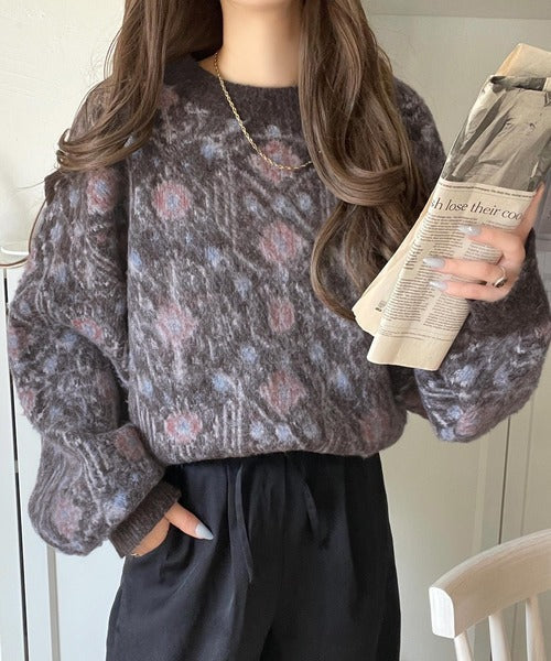 ヴィンテージライクなデザインで上級見え◎アンティークラグモチーフ柄ニットPO（長袖） ce1260469