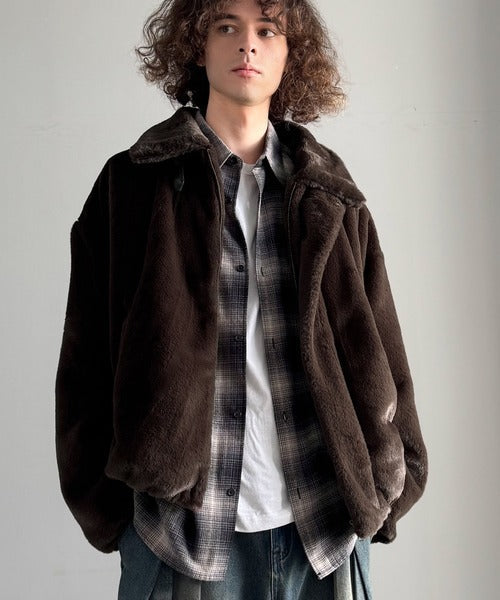 【Classical Origin】「3wayアレンジ可能。」ベルト襟フェイクファー素材ジャケット／Belted Collar Faux Fur Jacket co1150080
