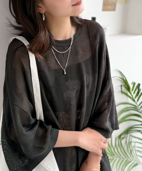 繊細な花柄編みで軽やかに魅せる♪ニュアンスフラワージャガードメッシュサマーニット ce1350014