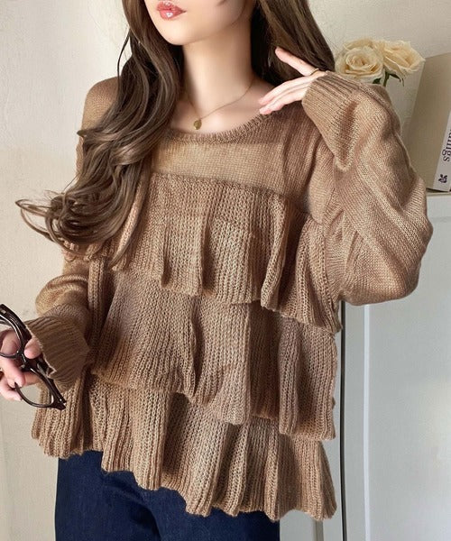 ふんわり大人フェミニン♪ティアードフリルモヘアタッチメッシュ編みニット（長袖） ce1260477