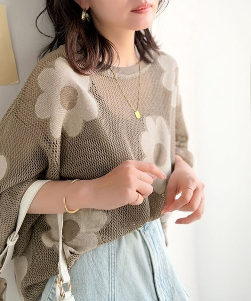 配色花柄で華やかに決まる♪フラワーモチーフジャガードメッシュサマーニット ce1350015