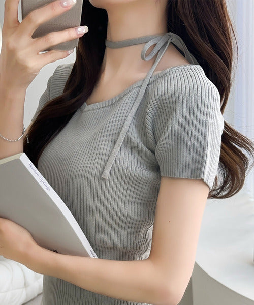 【mily bilet】お洒落この夏さらっと着れる♪チョーカーリボン紐付きサマーニットトップス(半袖) mi1029110