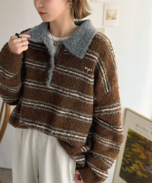 メンズライクに女子っぽさを。胸刺繍ブークレ配色ボーダーニットポロ（長袖） ce1240142