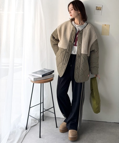 《JaVaジャバコラボ》軽くて暖かい、旬顔ボア切替♪ノーカラーひょうたんキルティングコート jv1240103