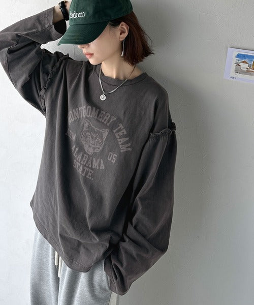 レディなヴィンテージスタイル。綿100％カレッジピグメント袖フリルTシャツ ce1020221