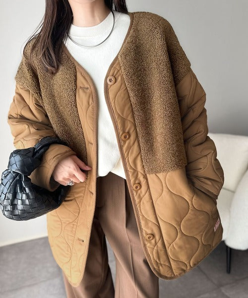 《JaVaジャバコラボ》軽くて暖かい、旬顔ボア切替♪ノーカラーひょうたんキルティングコート jv1240103