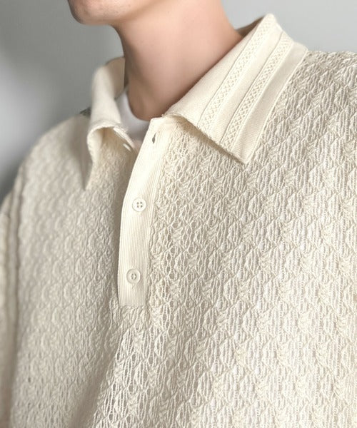 「透け感、モードの余韻。」衿ダブルライン使いレース柄ニットポロシャツ/Lace Detail Knit Polo Shirt co1010010