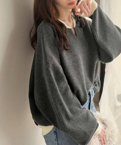 《JaVaジャバコラボ》ざっくり×配色が旬顔。配色スキッパーオーバーサイズ鹿の子編みニット（長袖） jv1410040