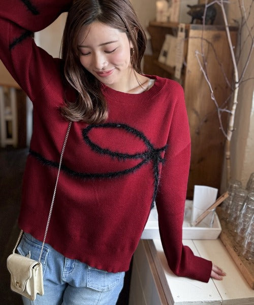【mily bilet】ゆるっと可愛げ、ふわっと存在感。リボンフェザーコード刺繍ニット（長袖） mi1029130