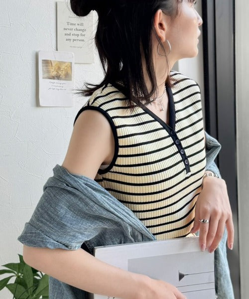 着回し力抜群！ストレッチが効いた前後2Way配色ニットリブタンク ce1050350
