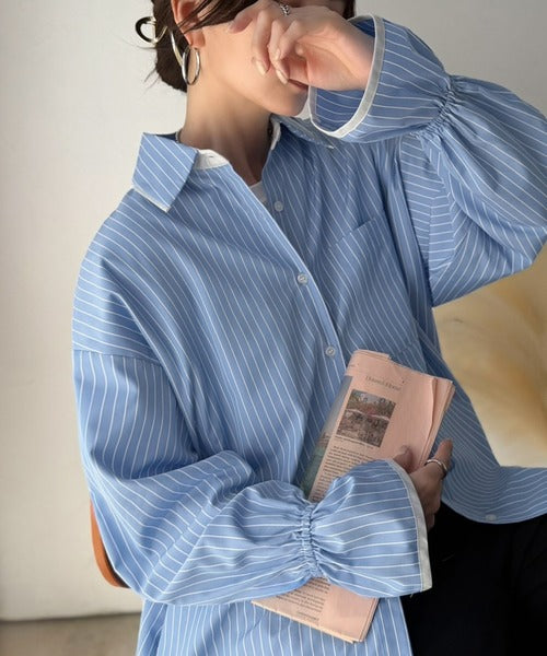 視線をひとり占め。配色ラペルキャンディスリーブシャツ (ストライプ&無地あり) ce1025020