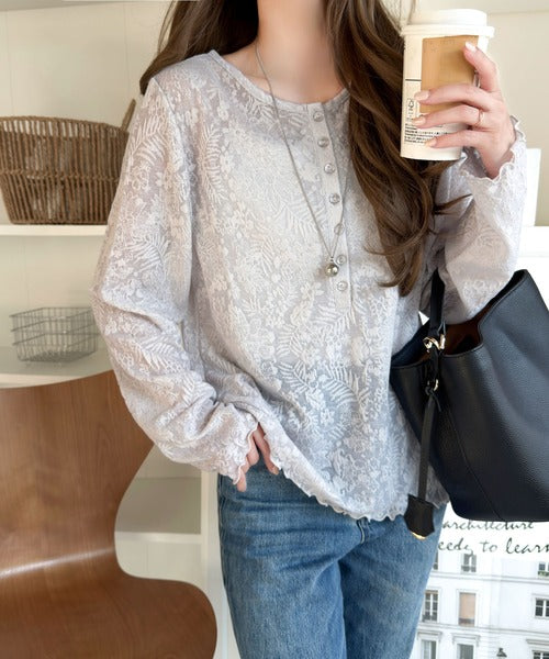 コーデに花を咲かせる♪花柄シアージャガードヘンリーネックフリル使いトップス（長袖） ce1010687